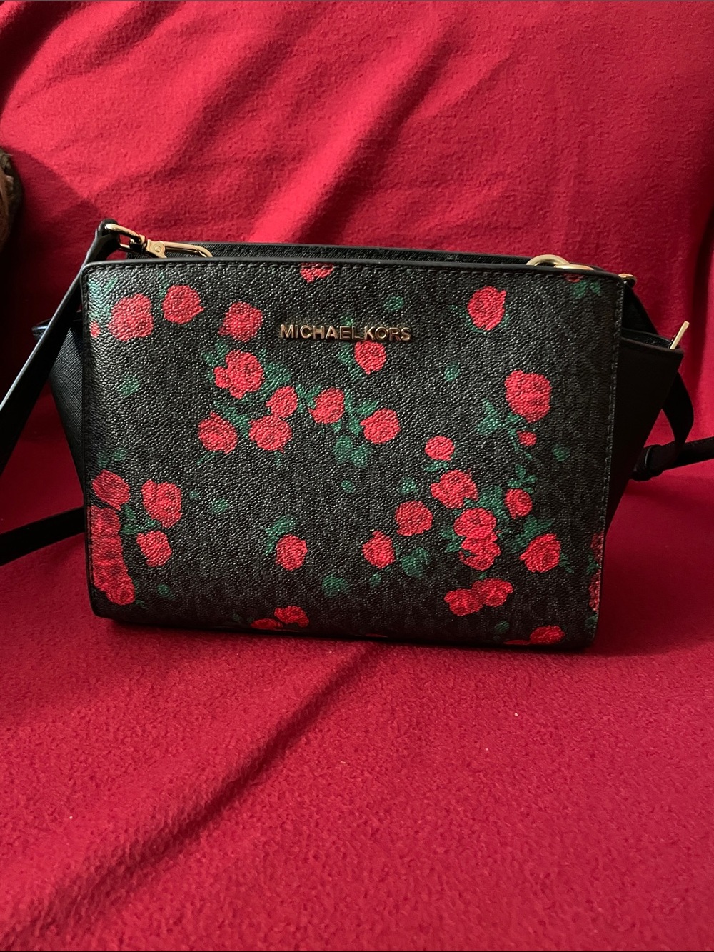 Michael Kors Black Crossbody with Red Floral Print